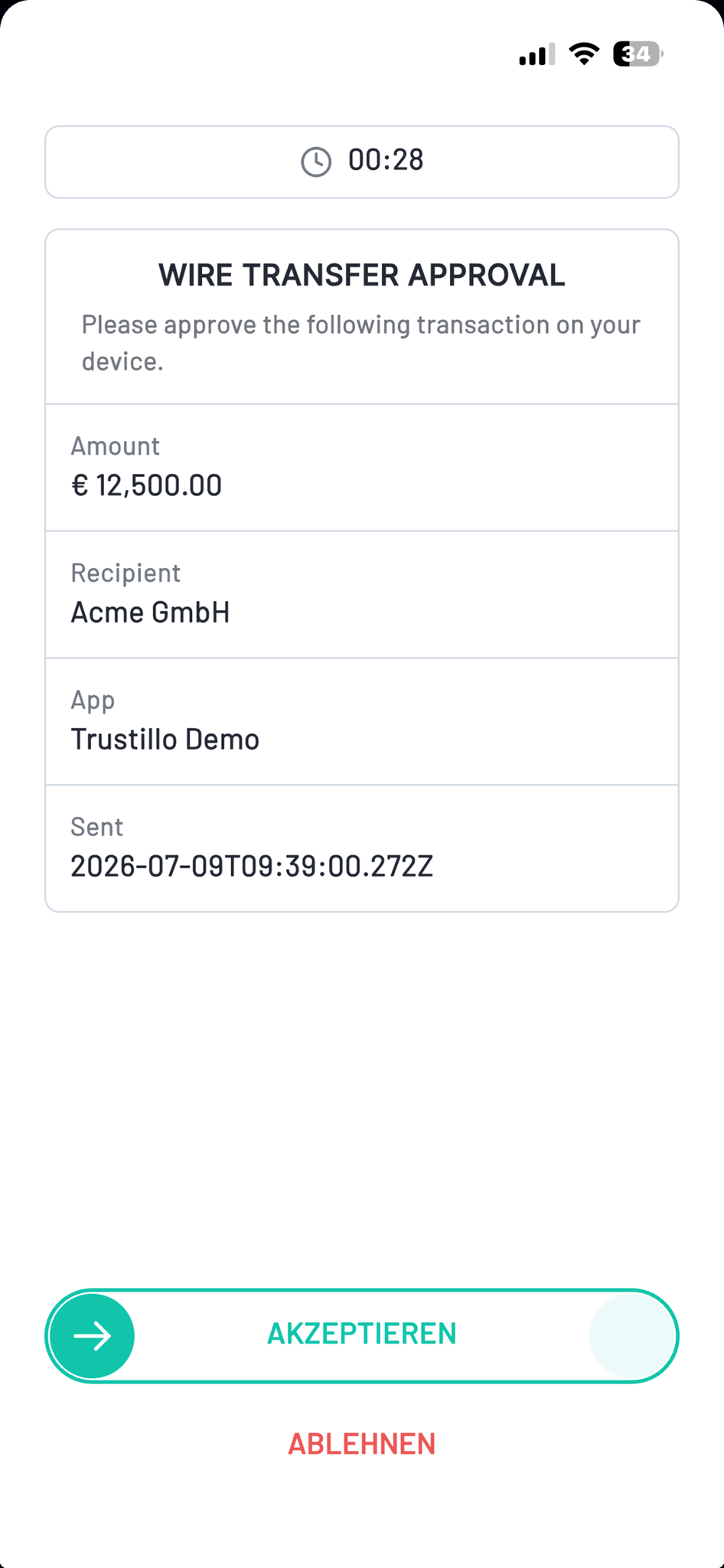 Wire transfer approval request showing amount, recipient, app and time