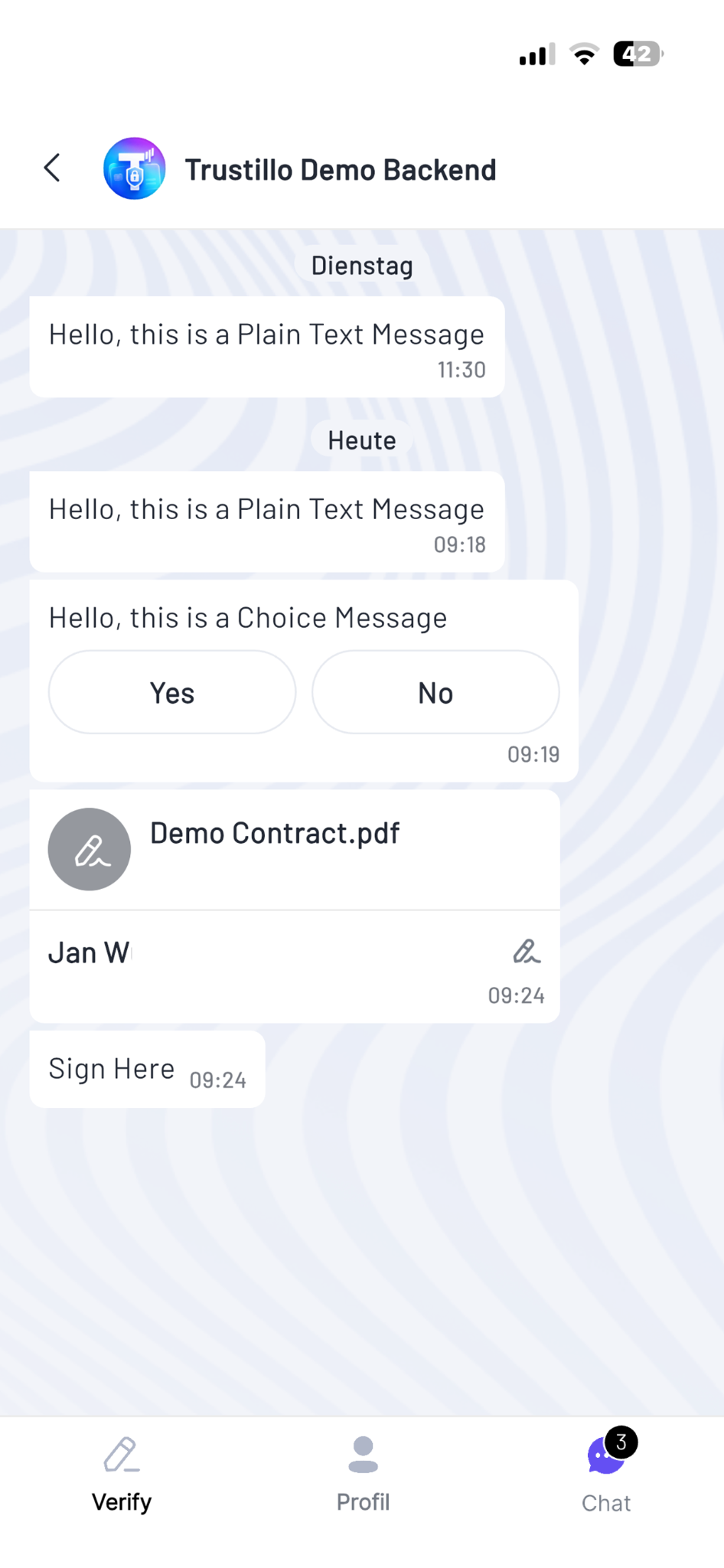 Secure chat with messages, choice options and a document