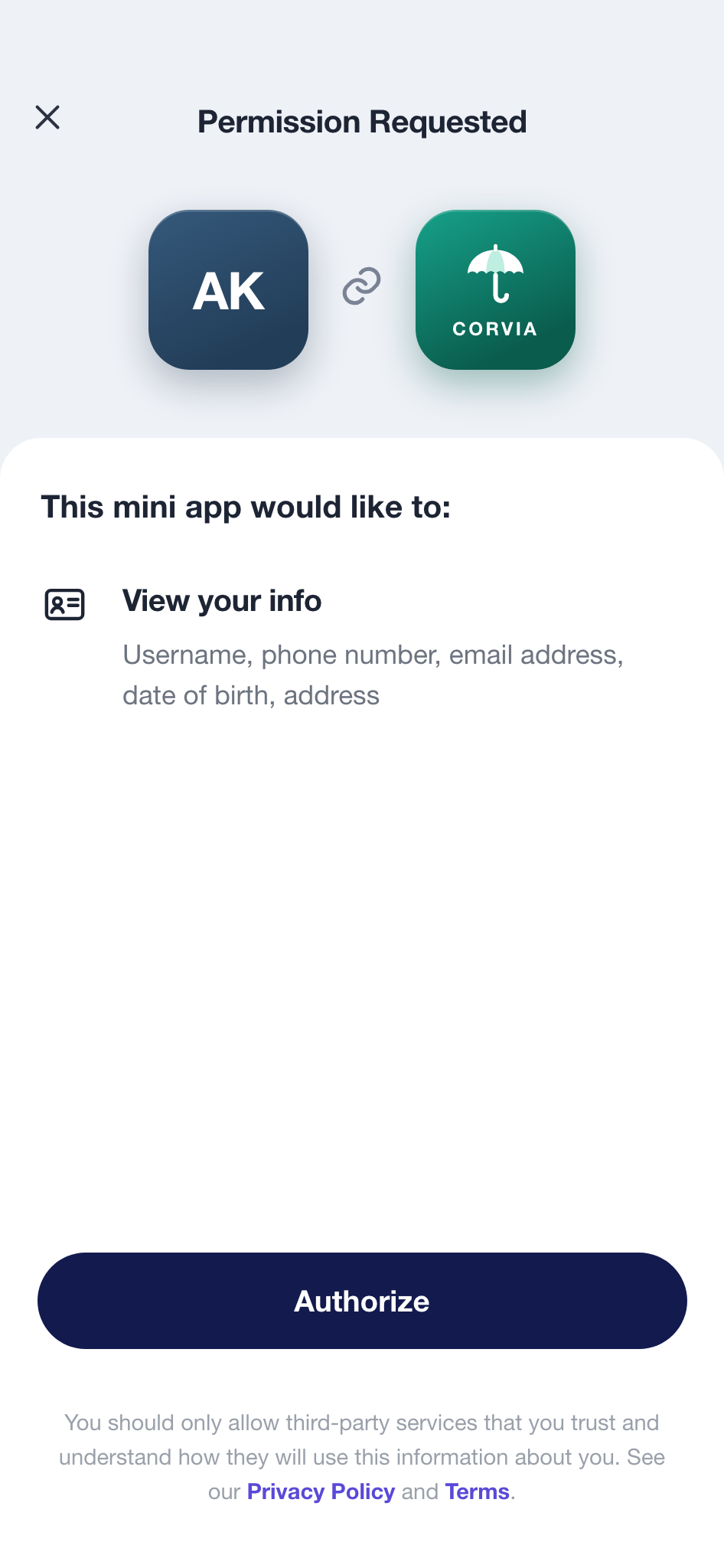Consent dialog showing which profile attributes a partner MiniApp receives