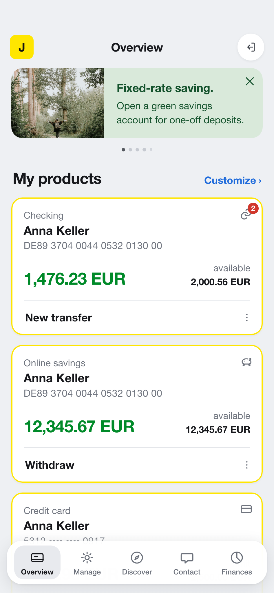 Account overview of the partner bank app